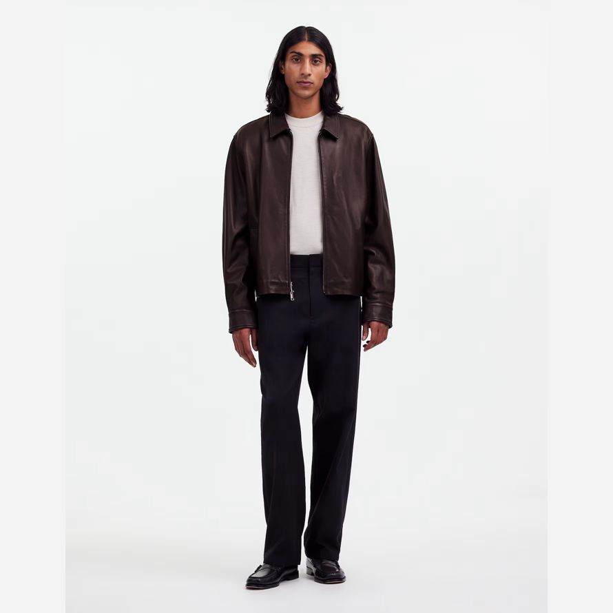 mörk brun mens madewell zip-front skinnjacka
