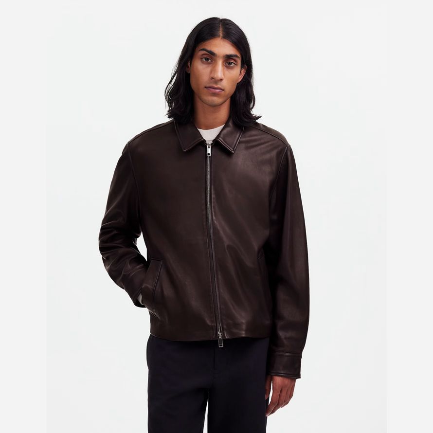 mörk brun mens madewell zip-front skinnjacka