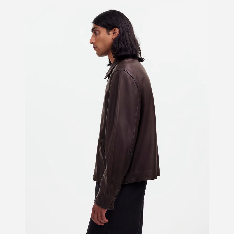 mörk brun mens madewell zip-front skinnjacka