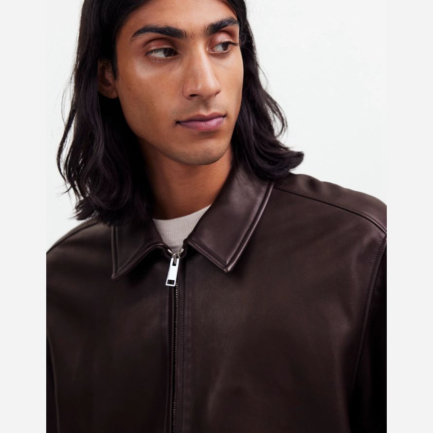 mörk brun mens madewell zip-front skinnjacka