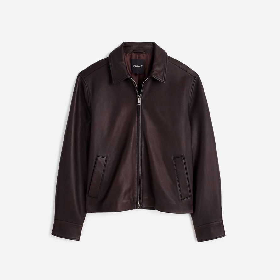 mörk brun mens madewell zip-front skinnjacka
