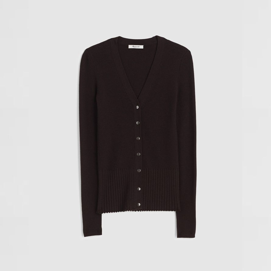 mörkbrun madewell djup v-hals merino-silk blend dam kofta