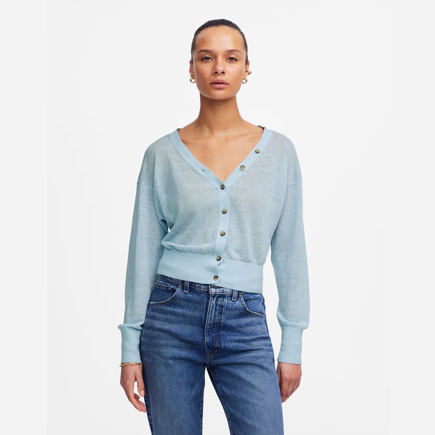 madewell linne-blandning v-ringad dam kofta ljus blå