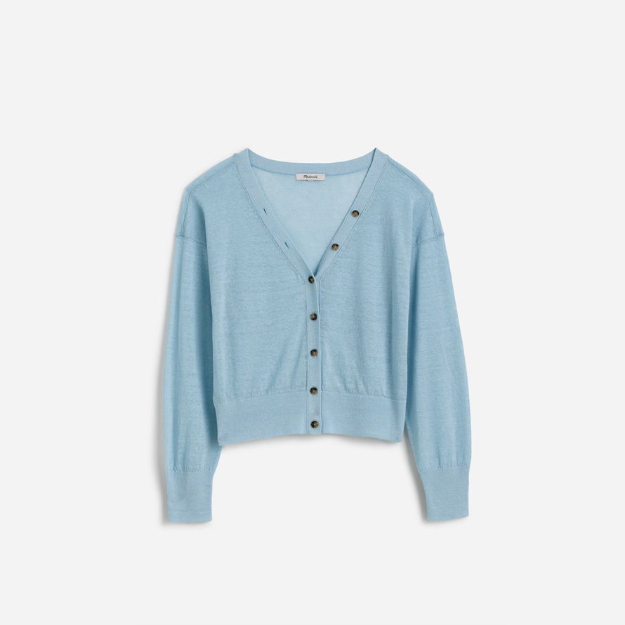 madewell linne-blandning v-ringad dam kofta ljus blå