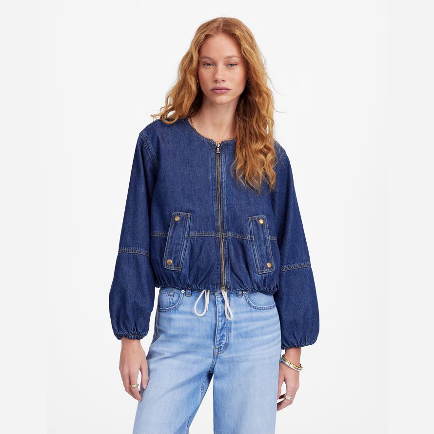 mörk blå dam madewell bubbla-Ärm bombplan denim jacka
