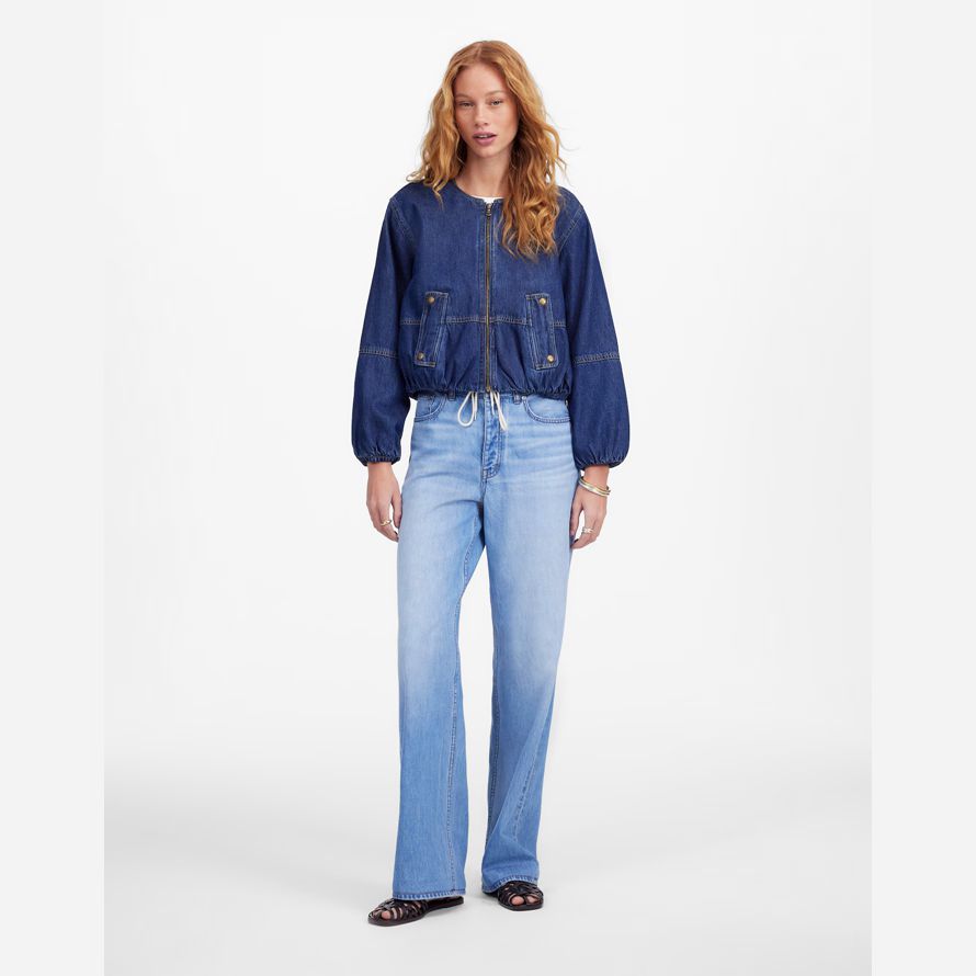 mörk blå dam madewell bubbla-Ärm bombplan denim jacka