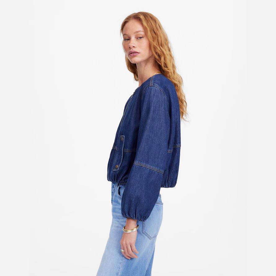 mörk blå dam madewell bubbla-Ärm bombplan denim jacka