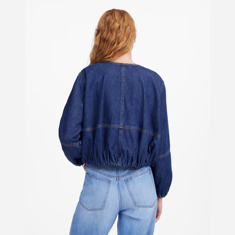 mörk blå dam madewell bubbla-Ärm bombplan denim jacka