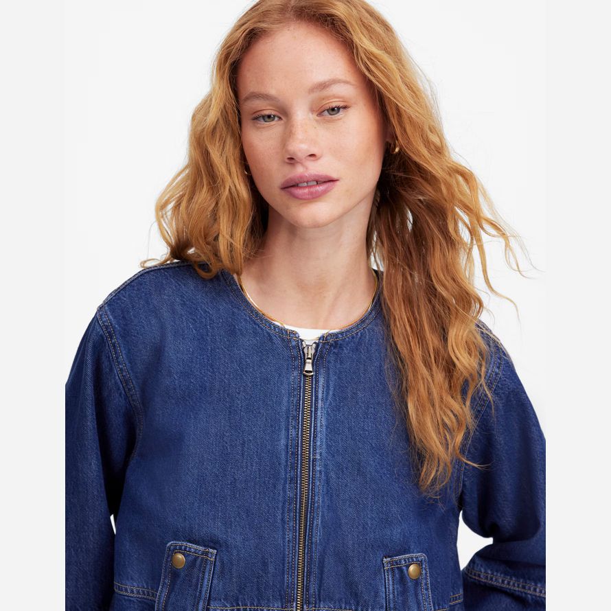 mörk blå dam madewell bubbla-Ärm bombplan denim jacka