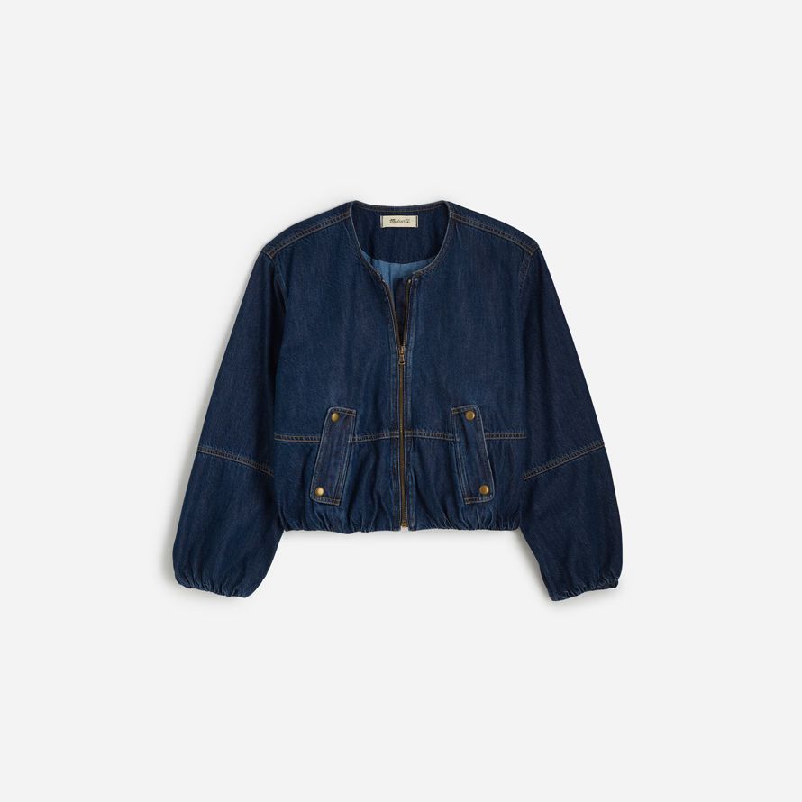 mörk blå dam madewell bubbla-Ärm bombplan denim jacka