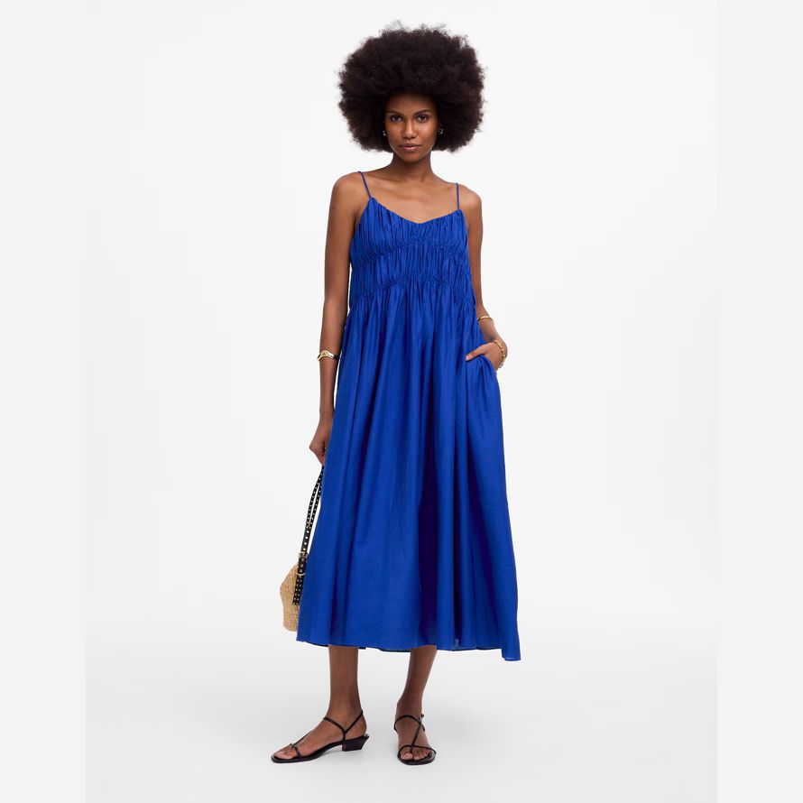 madewell texturerat v-neck midi-dam i blå klänning