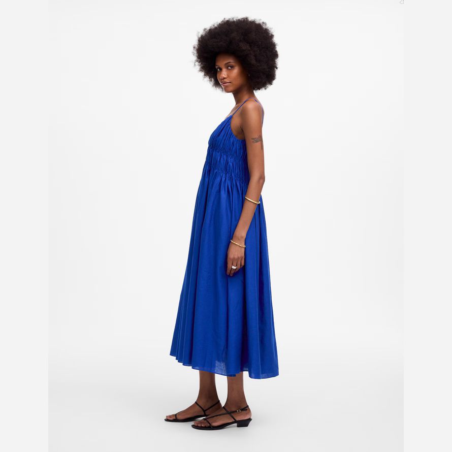 madewell texturerat v-neck midi-dam i blå klänning