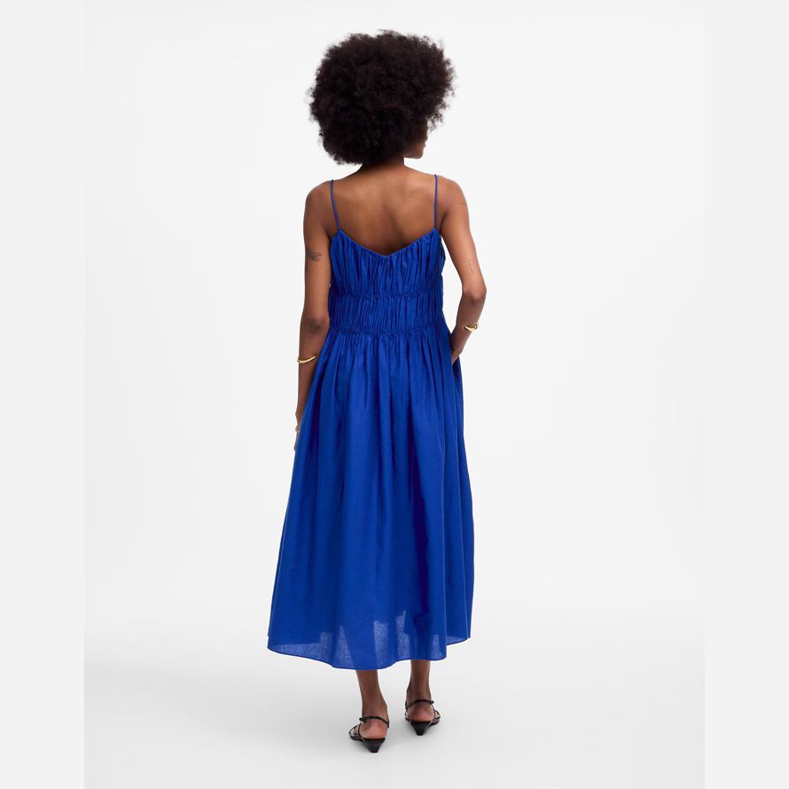 madewell texturerat v-neck midi-dam i blå klänning