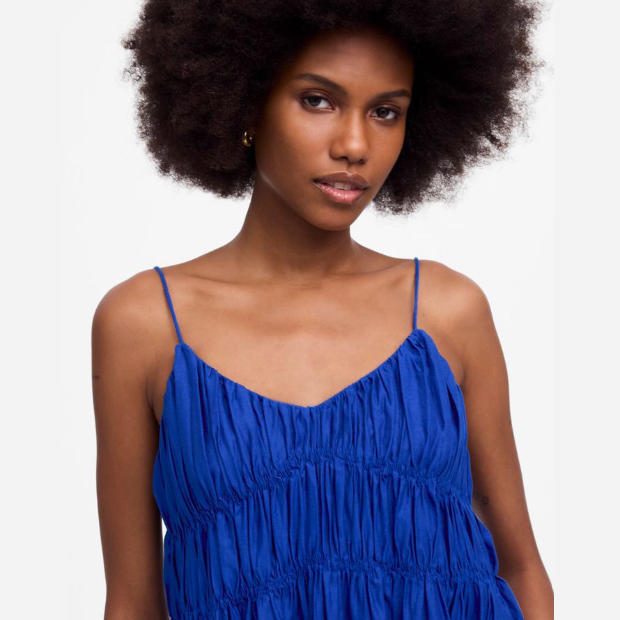 madewell texturerat v-neck midi-dam i blå klänning