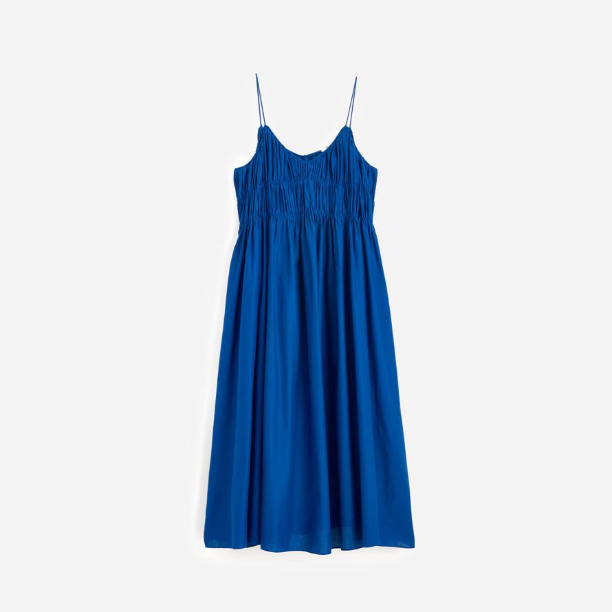 madewell texturerat v-neck midi-dam i blå klänning
