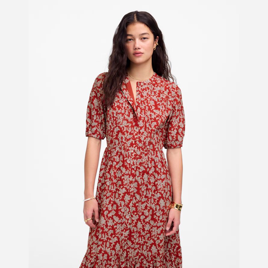 röd vit madewell pintucked puff-Ärm midi-dam klänning