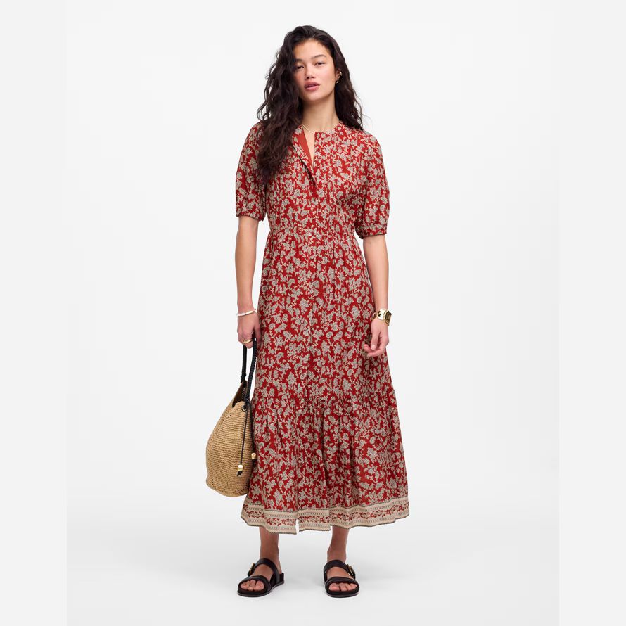 röd vit madewell pintucked puff-Ärm midi-dam klänning