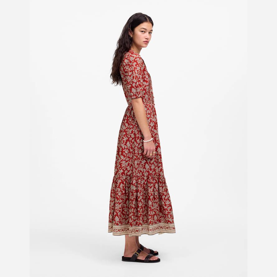 röd vit madewell pintucked puff-Ärm midi-dam klänning