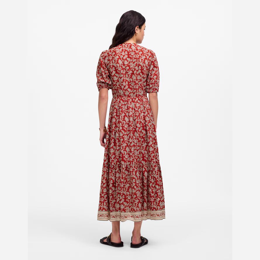 röd vit madewell pintucked puff-Ärm midi-dam klänning