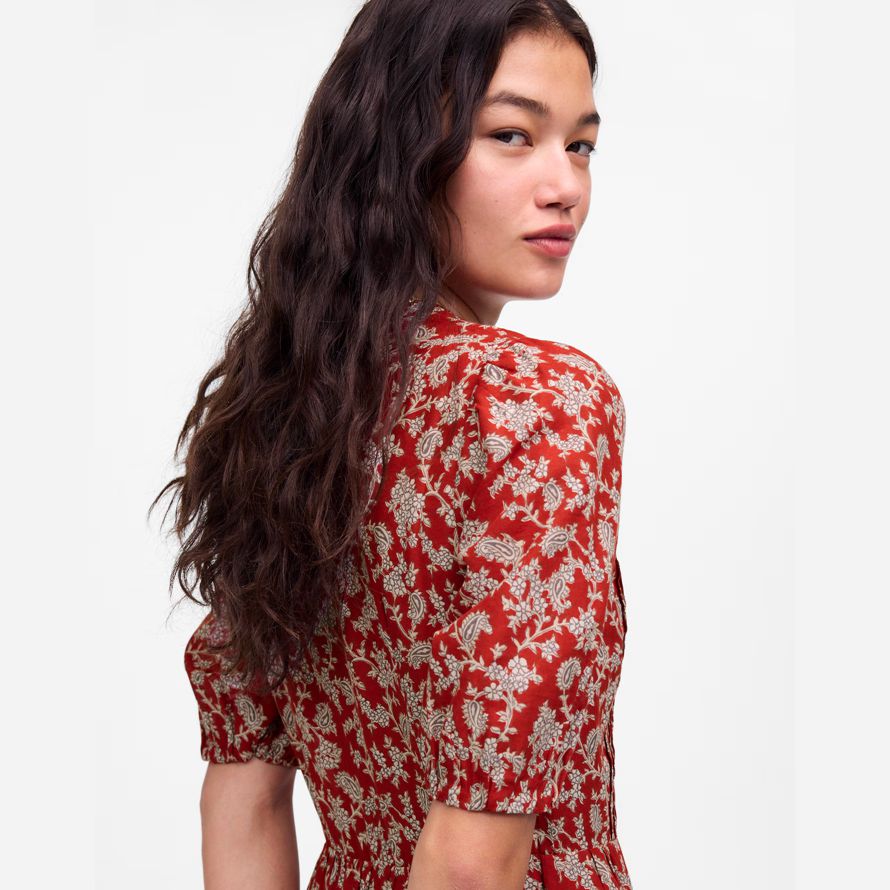 röd vit madewell pintucked puff-Ärm midi-dam klänning