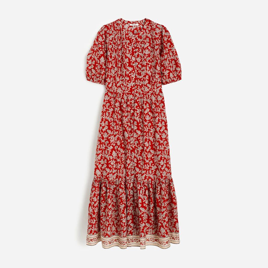 röd vit madewell pintucked puff-Ärm midi-dam klänning