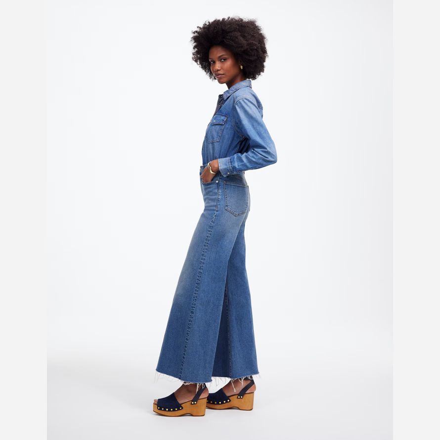 dam madewell brett utsvängda ben gröda jeans blå