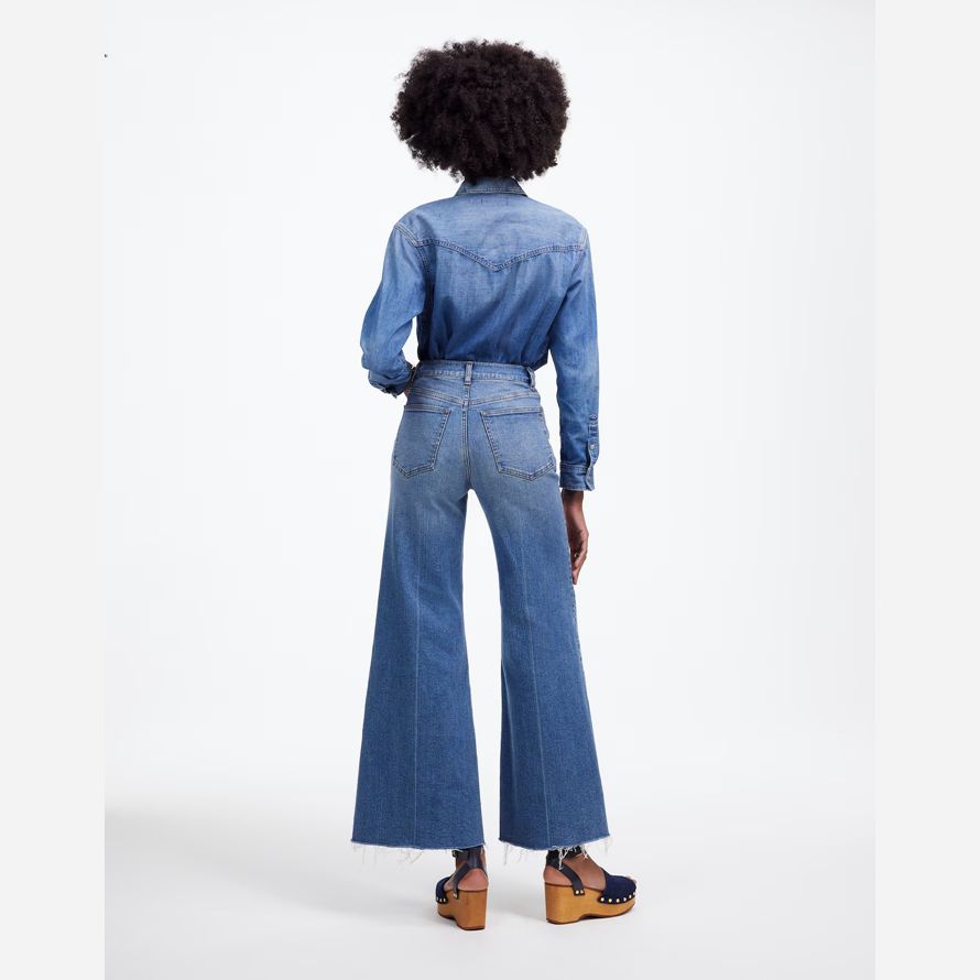 dam madewell brett utsvängda ben gröda jeans blå