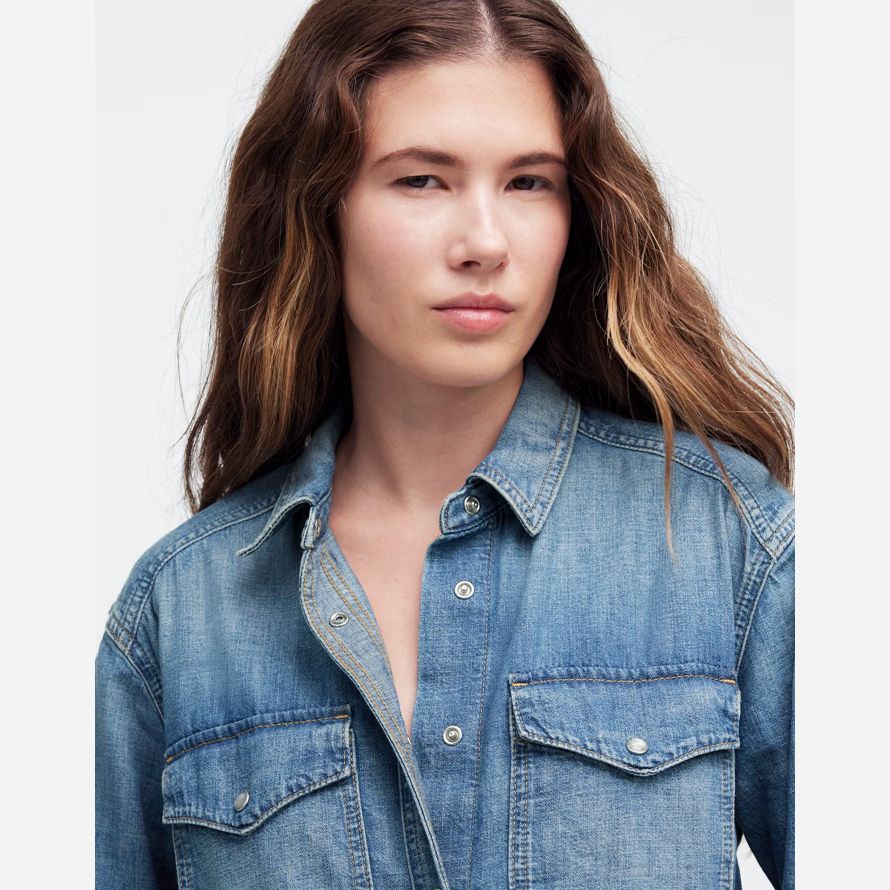 blå dam madewell denim avslappnad western skjortor