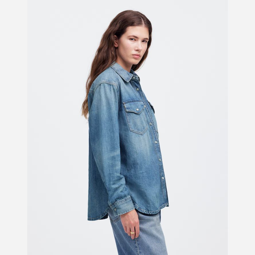 blå dam madewell denim avslappnad western skjortor