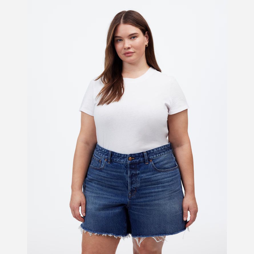 blå dam madewell plus brynn långa shorts