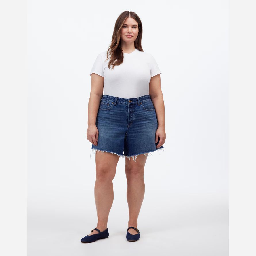 blå dam madewell plus brynn långa shorts