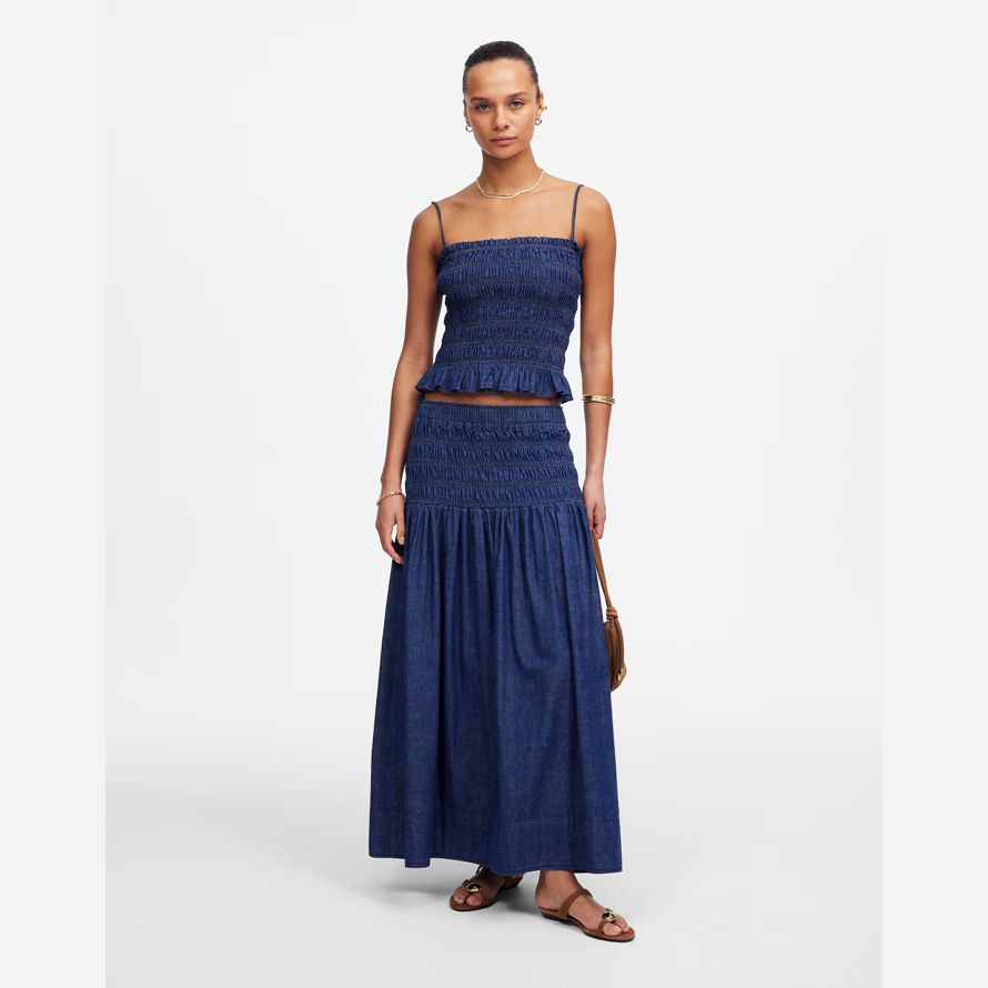 blå dam madewell smock-midjan jeans midi-kjol