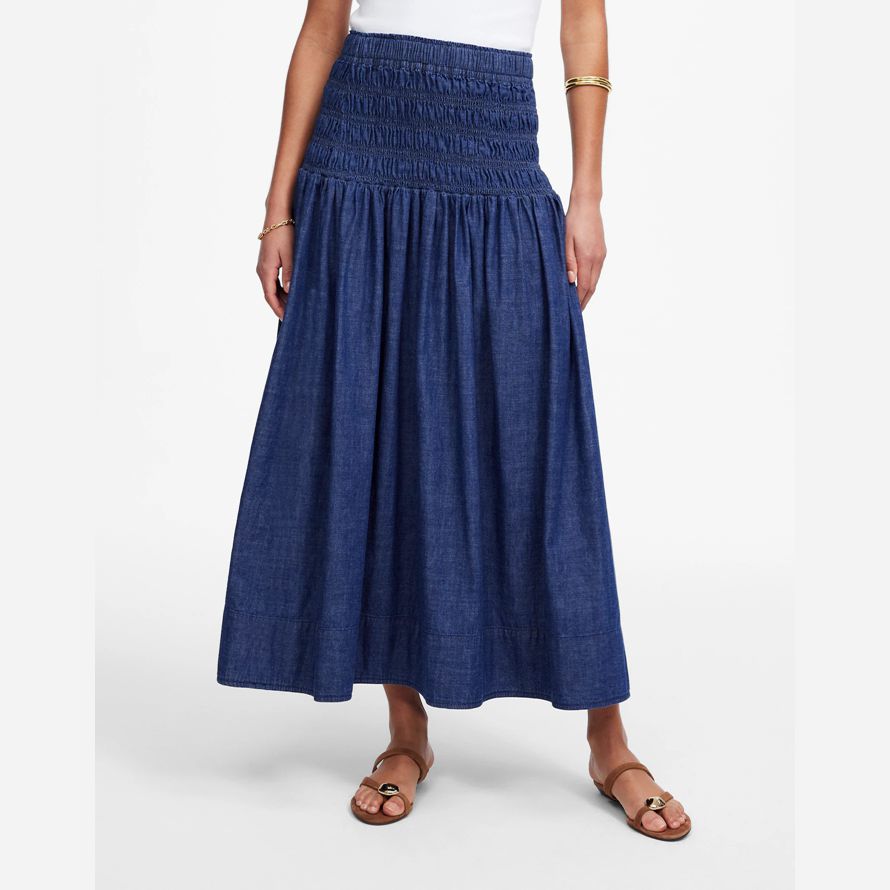blå dam madewell smock-midjan jeans midi-kjol