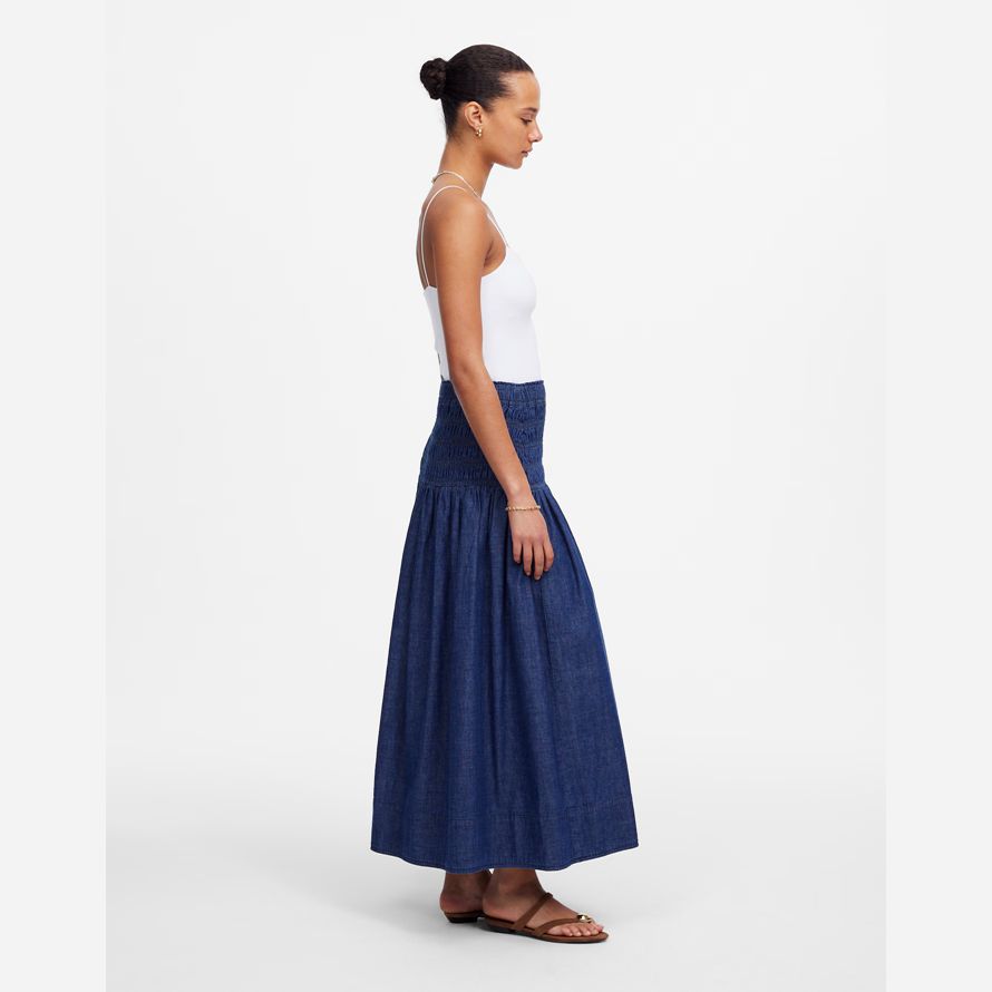 blå dam madewell smock-midjan jeans midi-kjol
