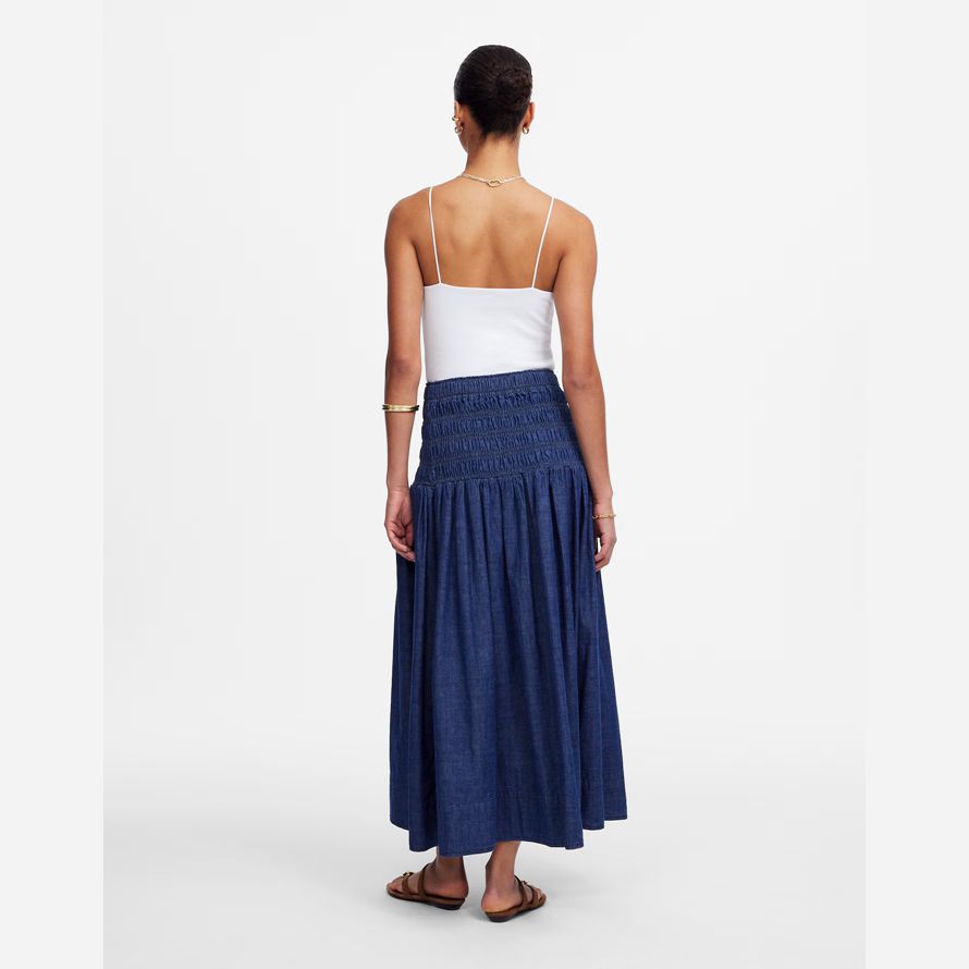blå dam madewell smock-midjan jeans midi-kjol