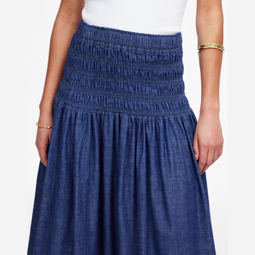 blå dam madewell smock-midjan jeans midi-kjol