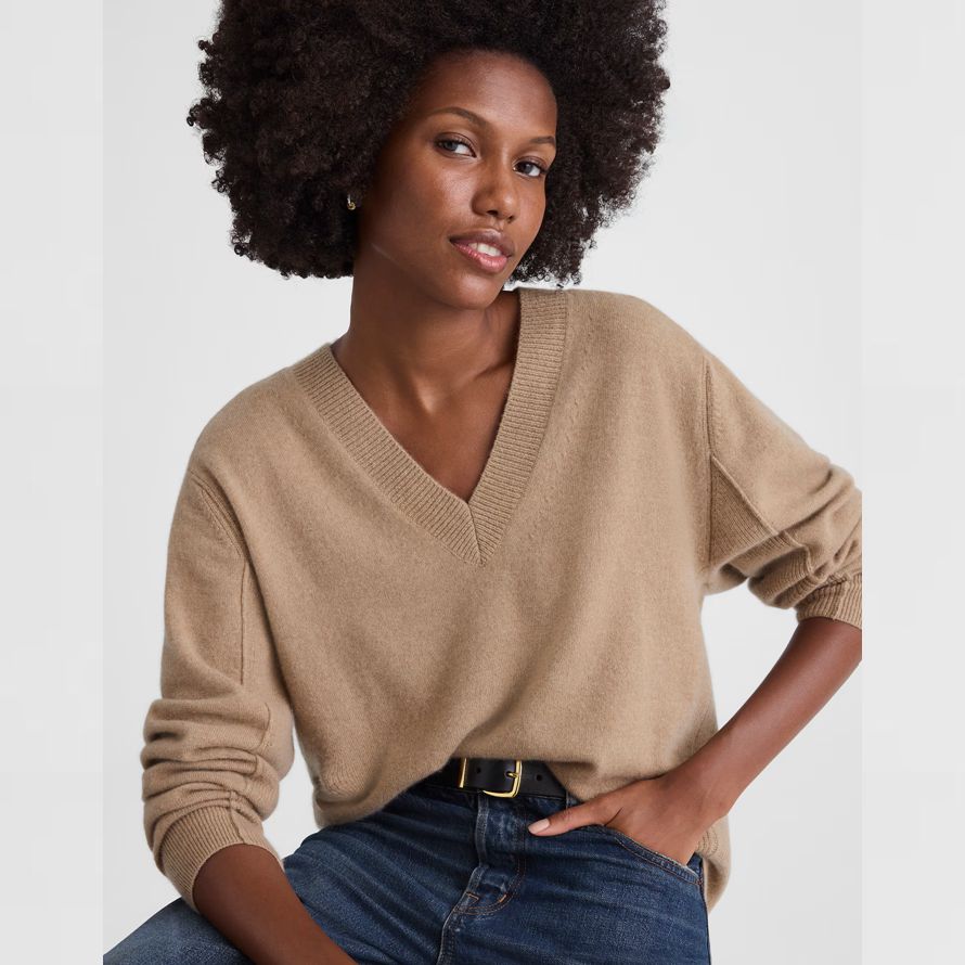 dam madewell cashmere v-ringad tröja khaki brun